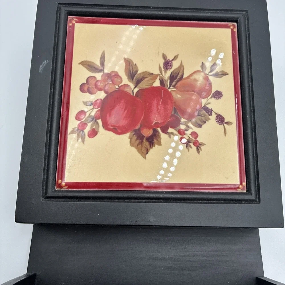 Vintage Wooden Wall Mail Organizer Letter Holder Black with Fruit Ceramic Tiles